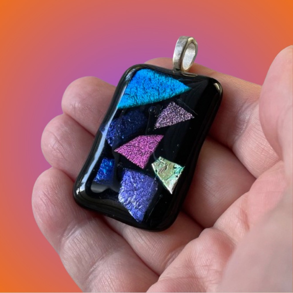 Vintage artisan-style dichroic glass pendant w/ foil multicolor wearable art